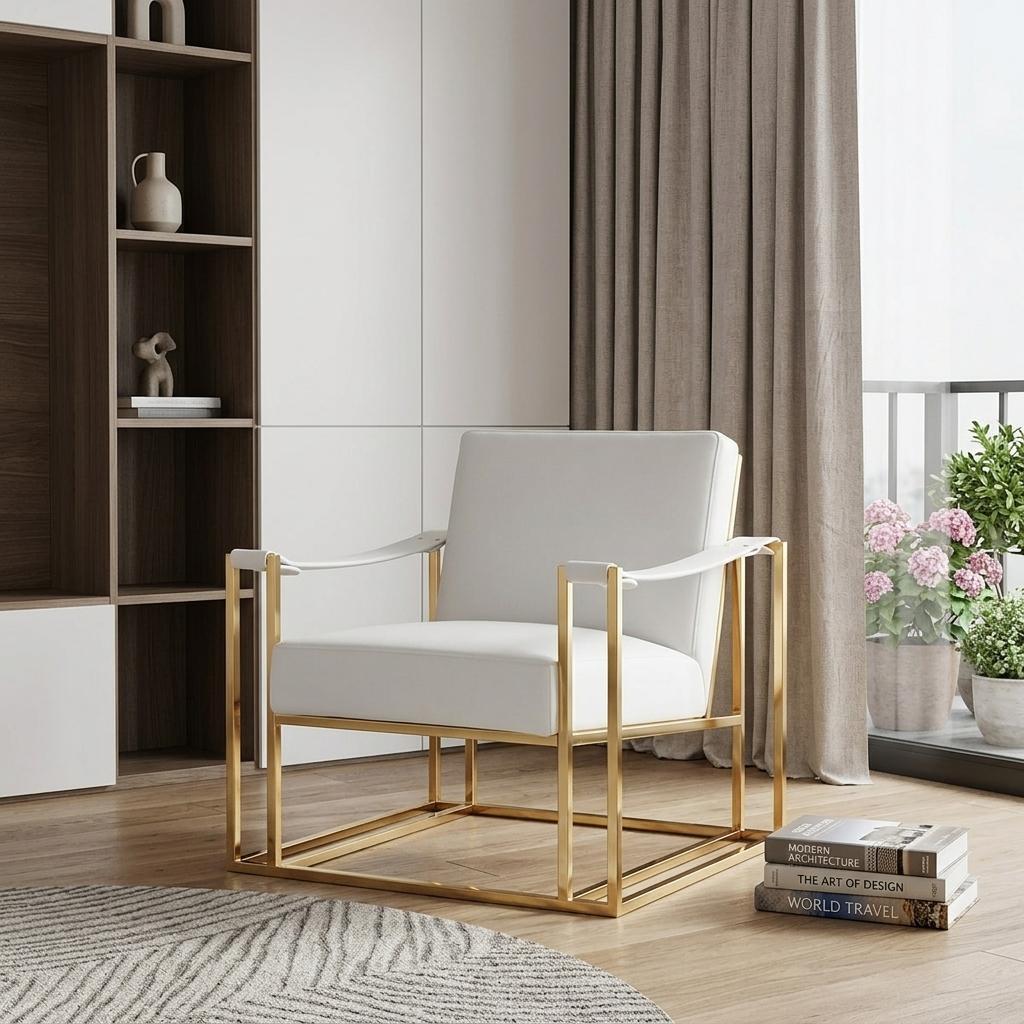 31" White and Gold Faux Leather Lounge Chair