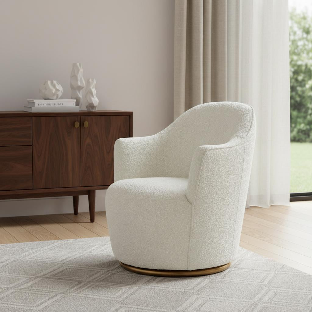 30" Modern Sherpa Cream & Gold Swivel Chair