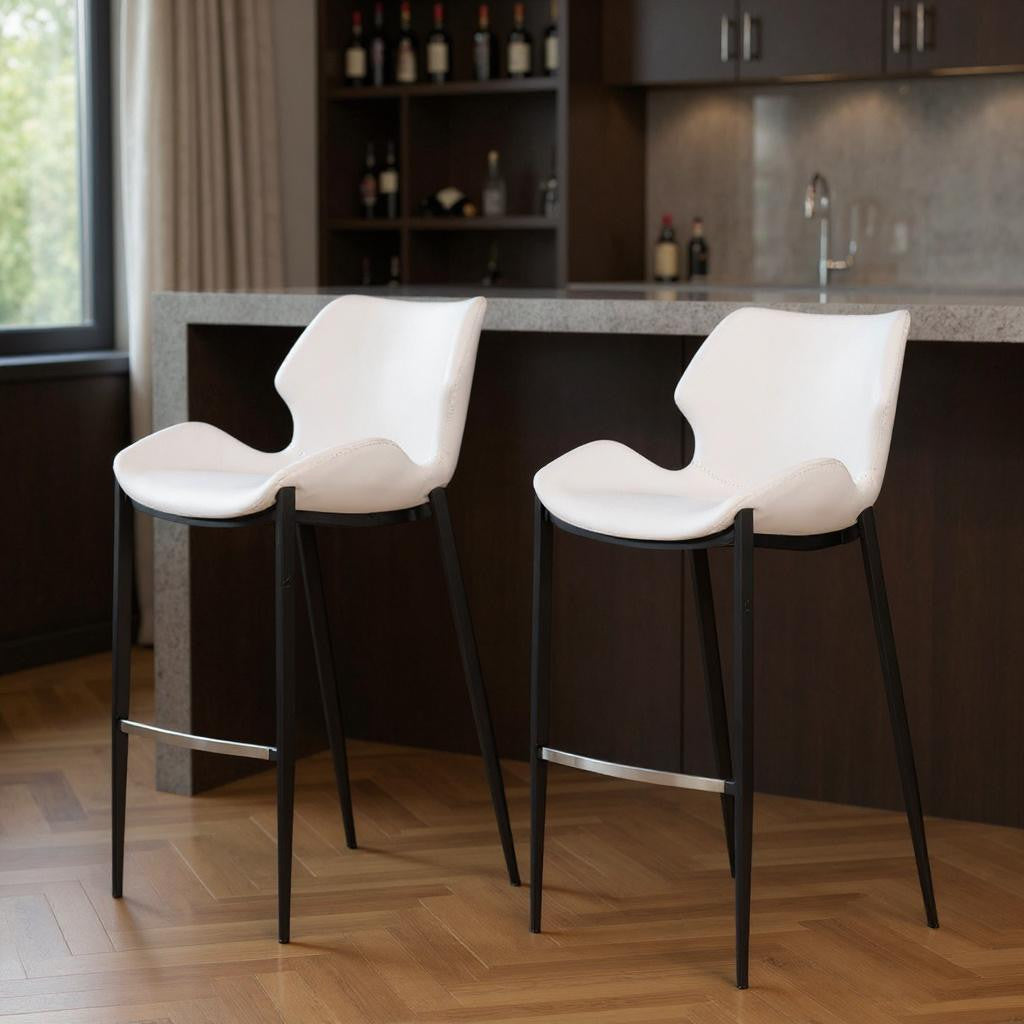 42" Set of Two White Faux Leather Saddle Bar Chairs