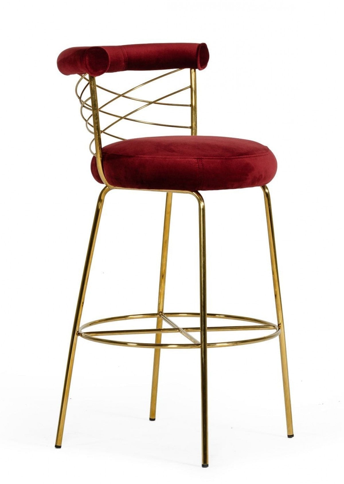 39" Red and Gold Curved Back Velvet Bar Chair
