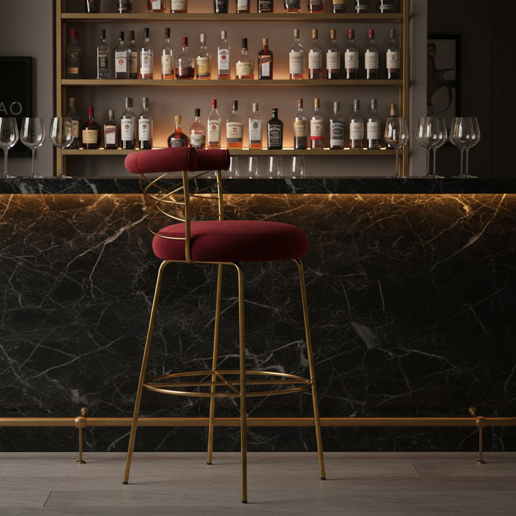 39" Red and Gold Curved Back Velvet Bar Chair