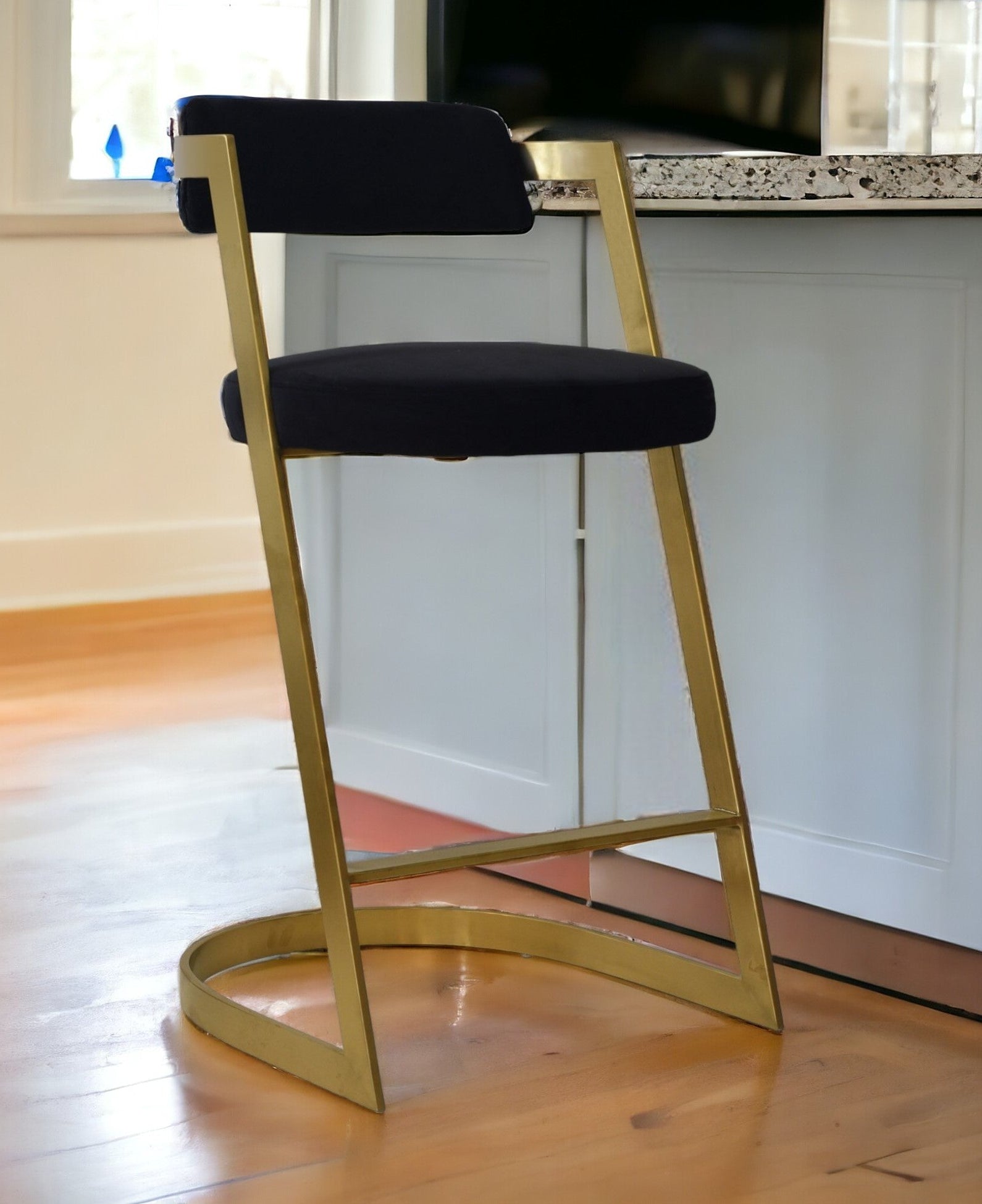 36" Black and Gold Velvet Slant Base Bar Chair