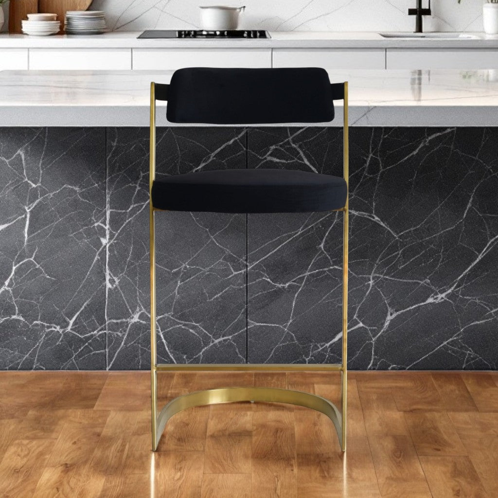 36" Black and Gold Velvet Slant Base Bar Chair
