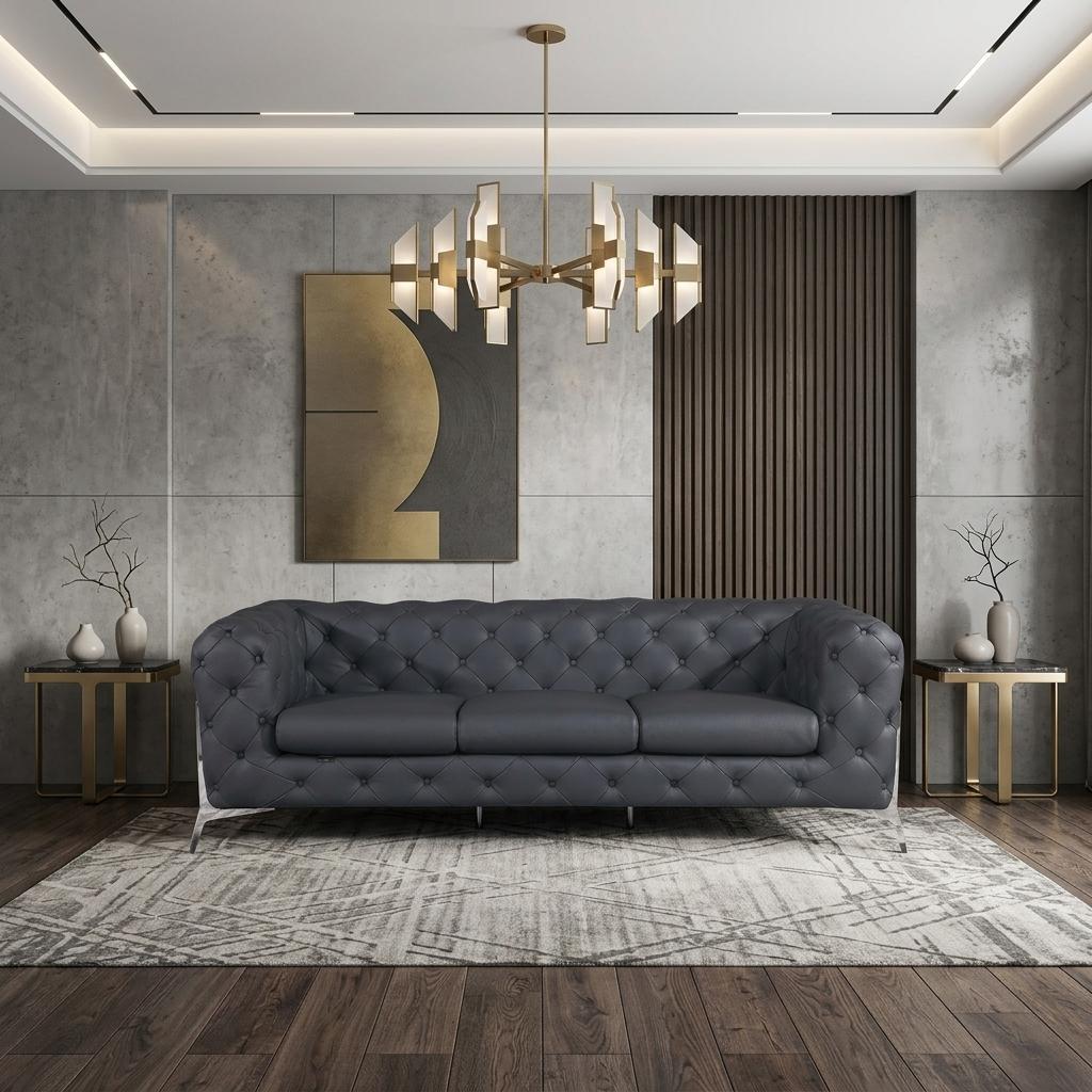 93" Modern Italian Leather Chesterfield Sofa