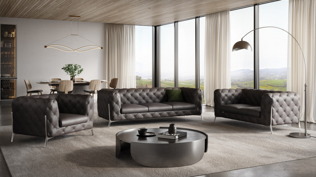 3 Piece Italian Leather Modern Chesterfield 6-Seat Sofa Set