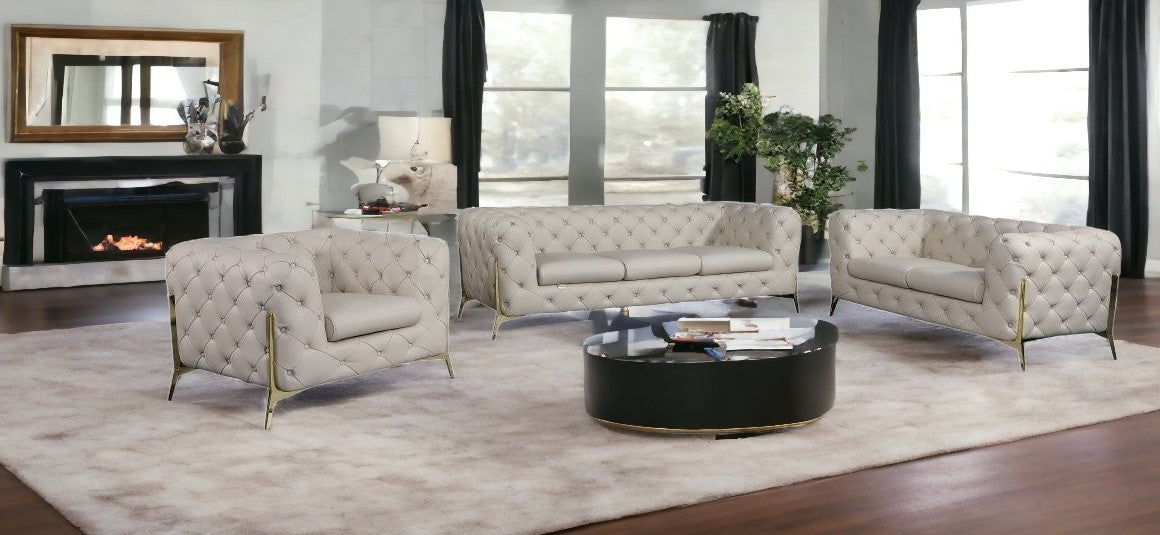 3 Piece Italian Leather Modern Chesterfield 6-Seat Sofa Set