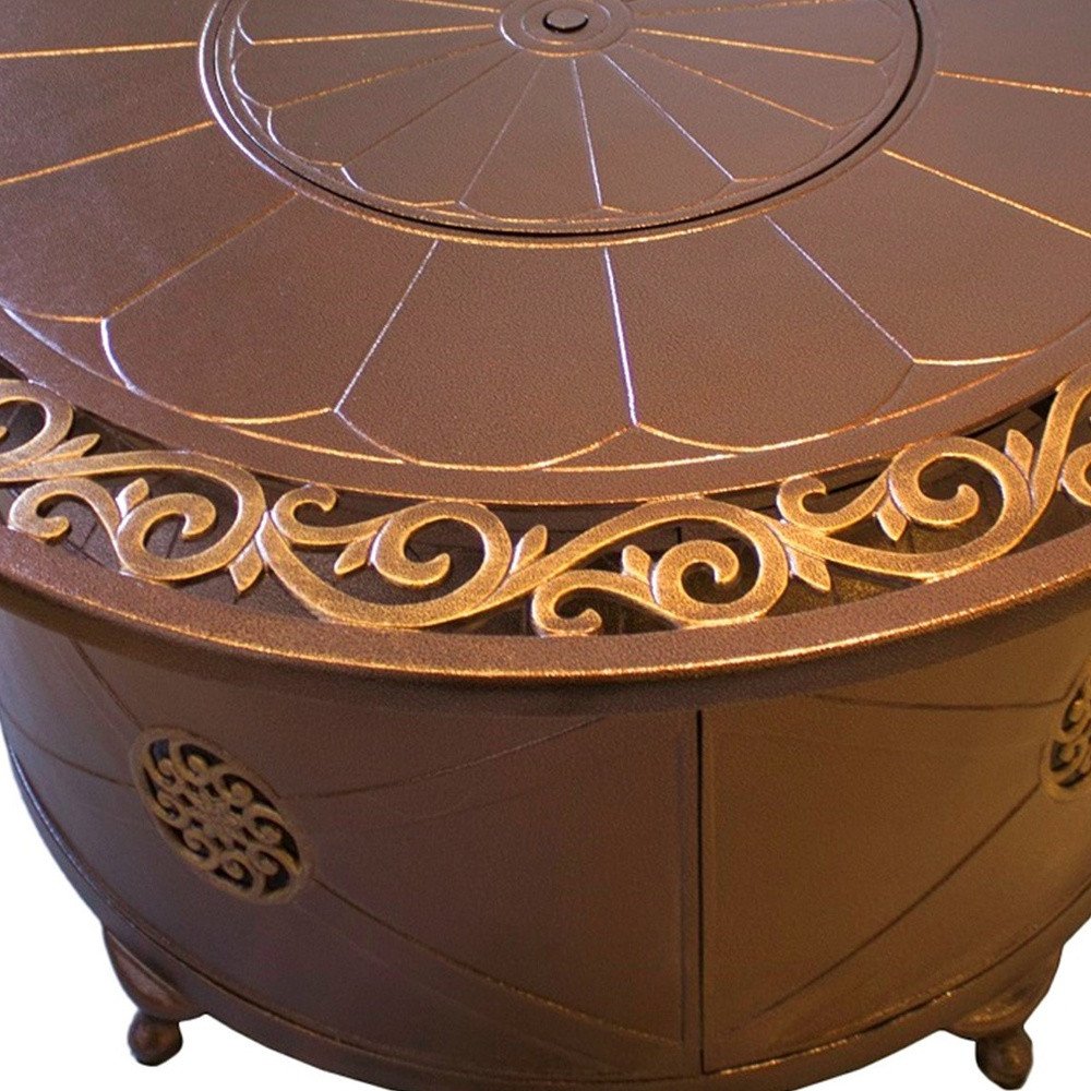 42000 BTU 48" Bronze Metal Carved Propane Round Fire Pit with Cover