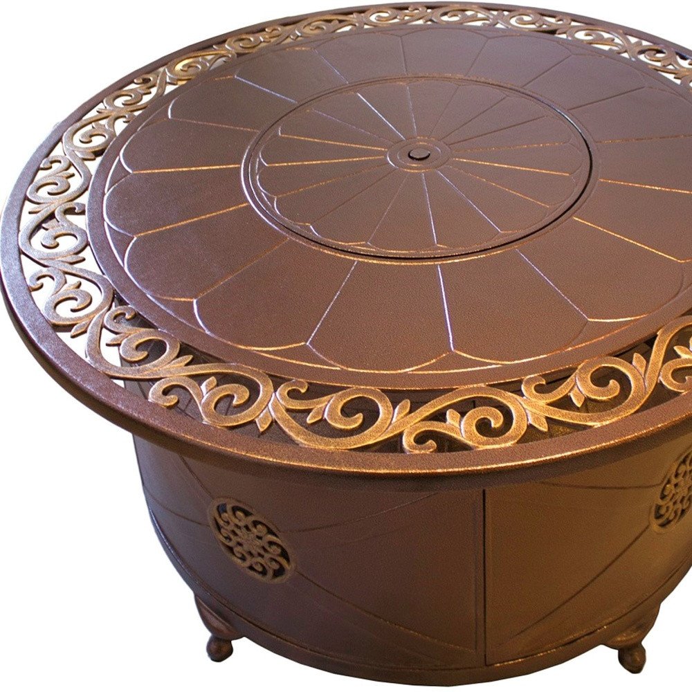 42000 BTU 48" Bronze Metal Carved Propane Round Fire Pit with Cover