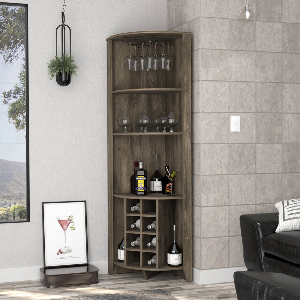 71" Dark Brown Wood Corner Bar Cabinet