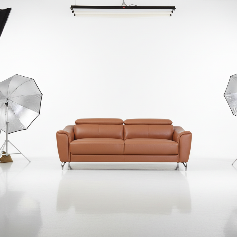 80" Brown Contemporary Leather Sofa with Adjustable Headrest