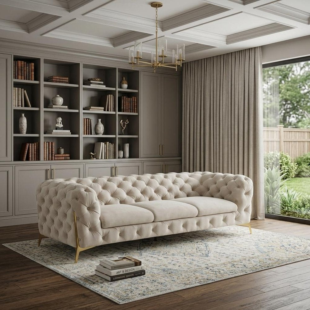 97" Beige Velvet Modern Chesterfield Sofa