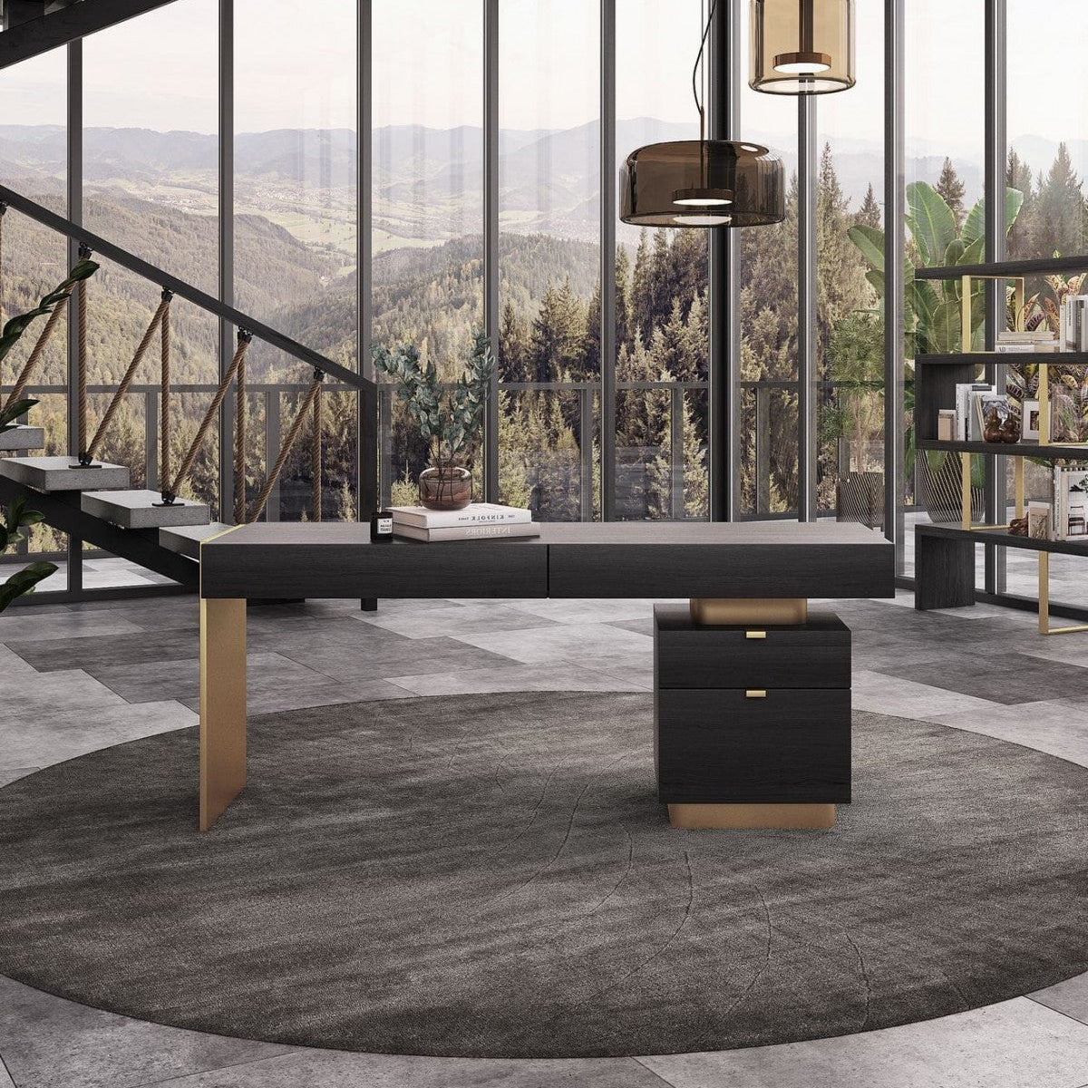 63" Gray and Gold Metal 4-Drawer Desk