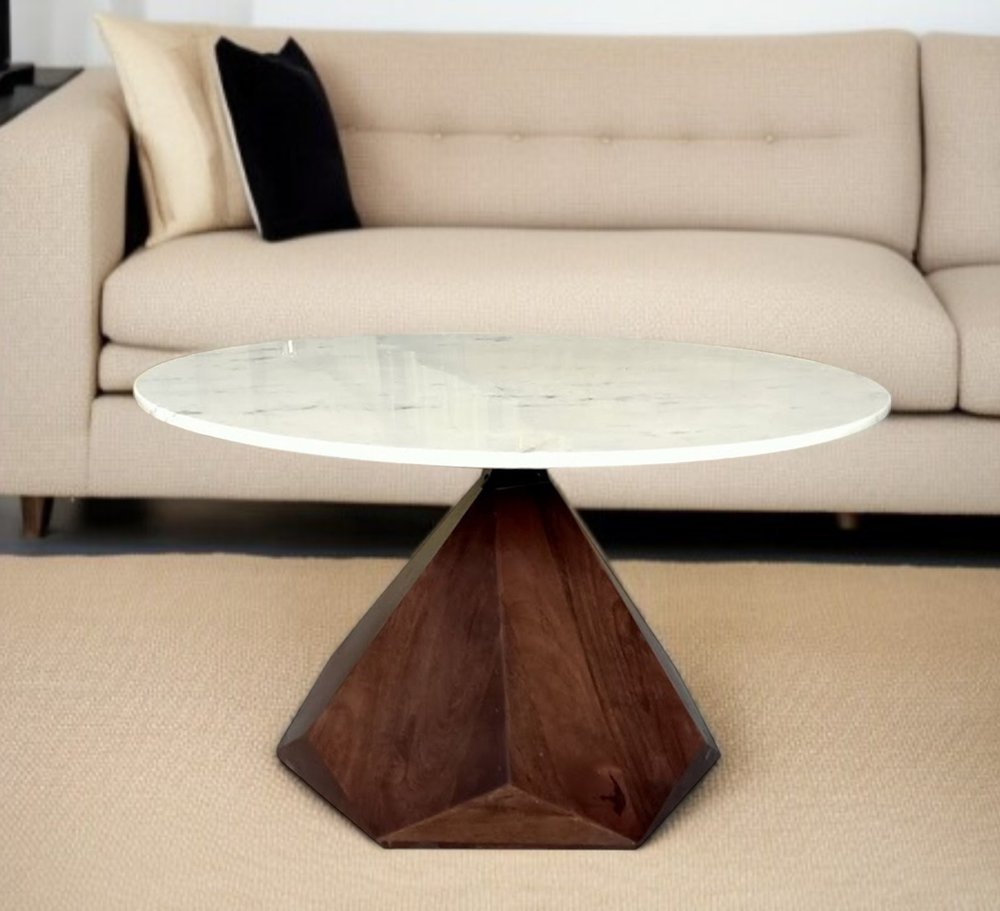 32" Brown and White Wood and Marble Geo Coffee Table