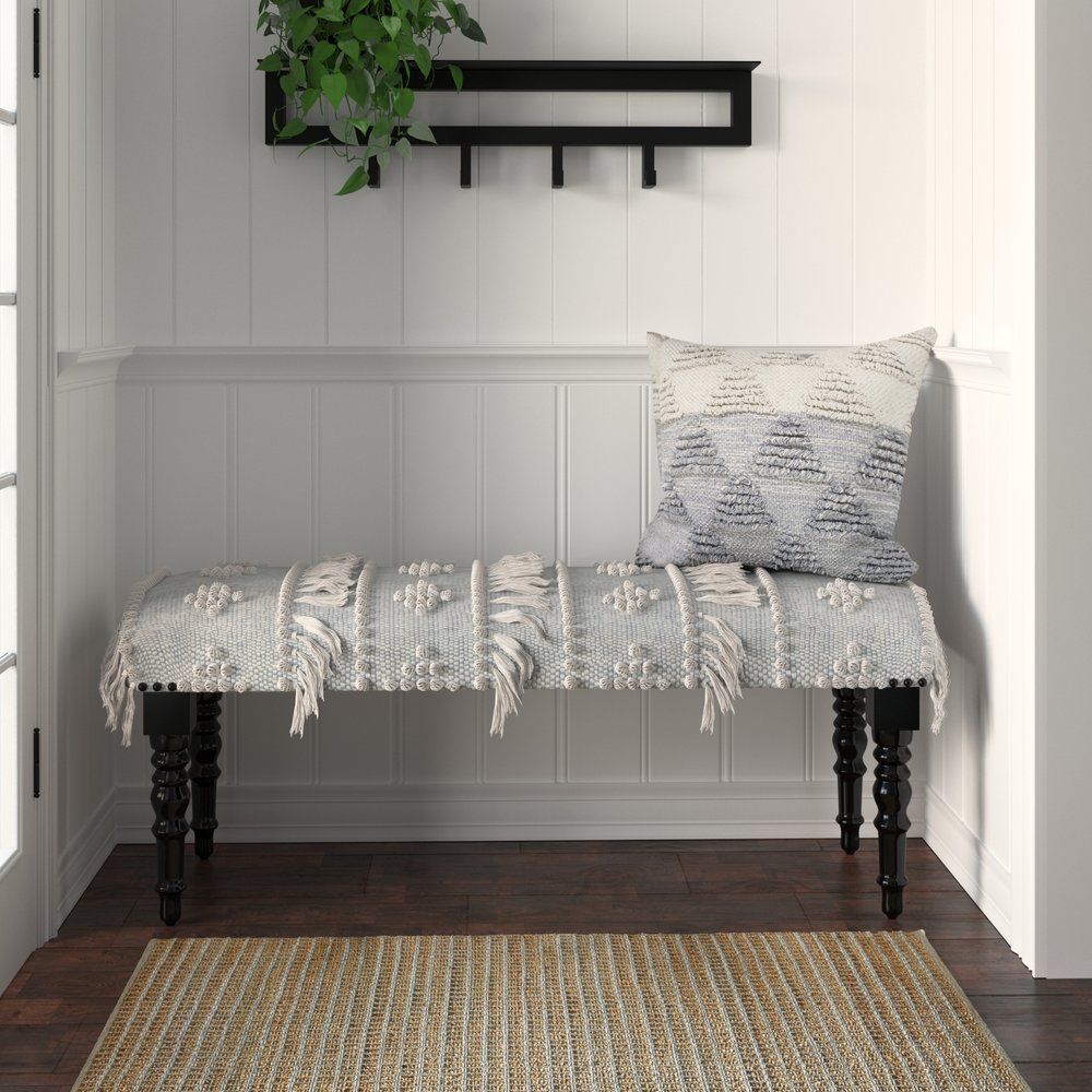 47" Cream Textured Cotton Coastal Bench