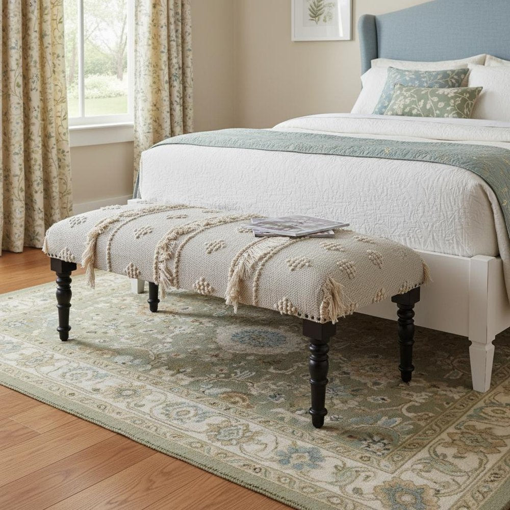 47" Cream Textured Cotton Coastal Bench
