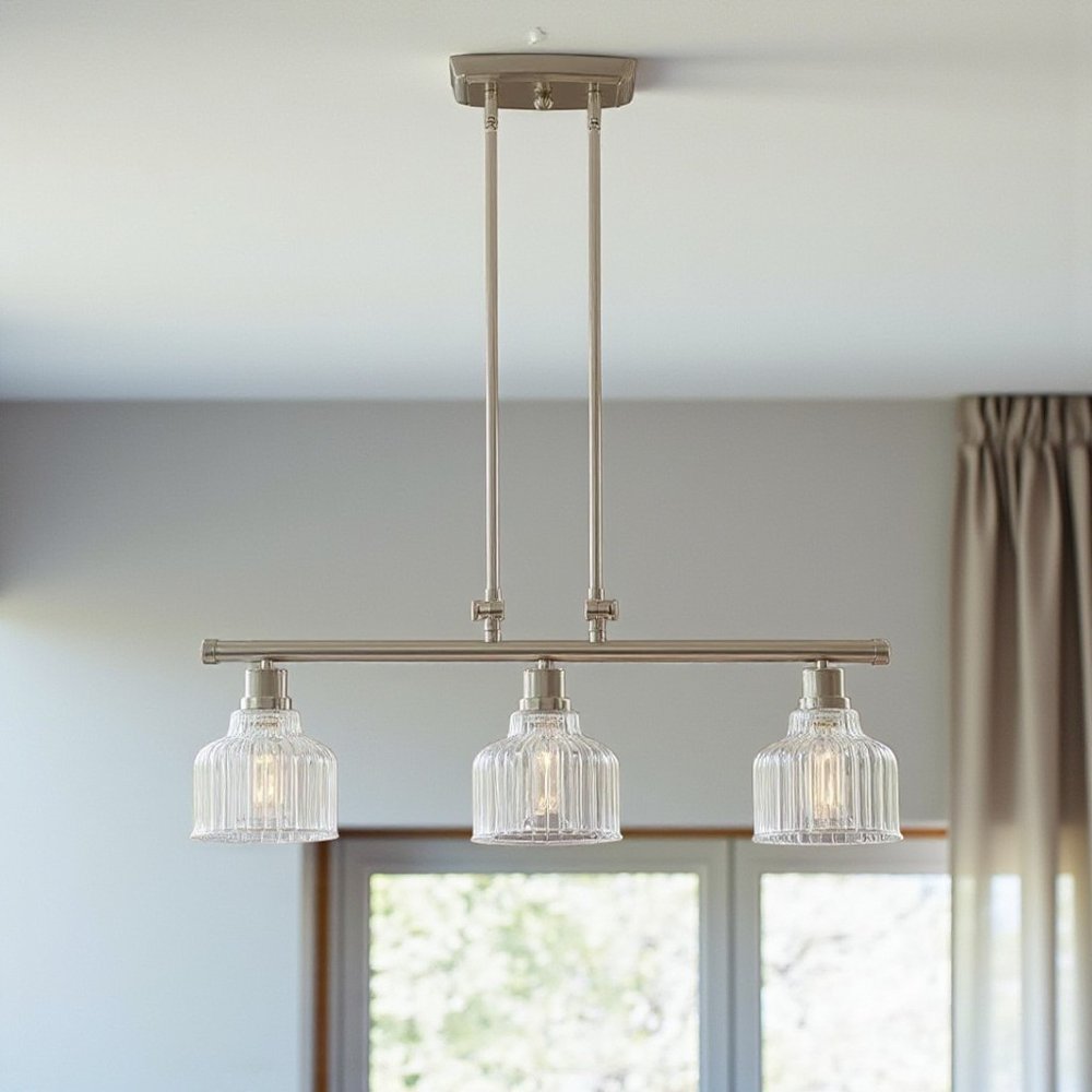 33" Nickel and Clear Glass Three Light Island Chandelier
