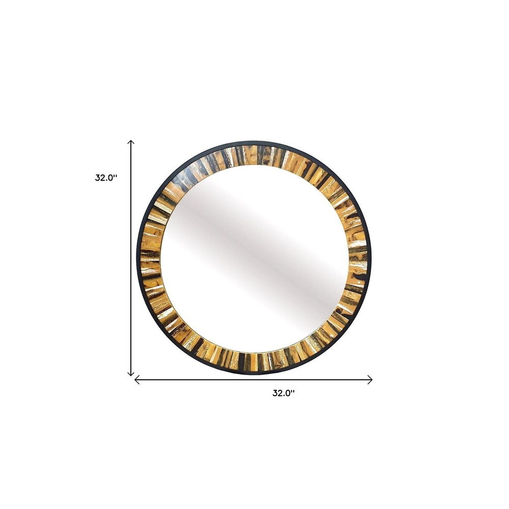 32" Brown and Black Faux Stone Round Mirror