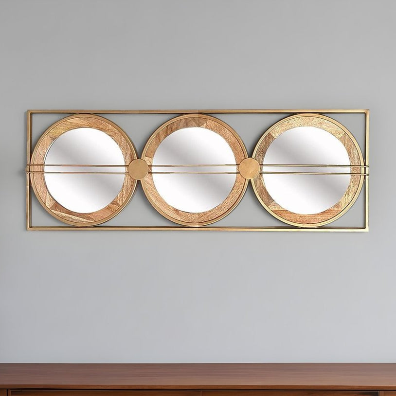 40" Brown and Gold Metal and Wood Rings Mirror