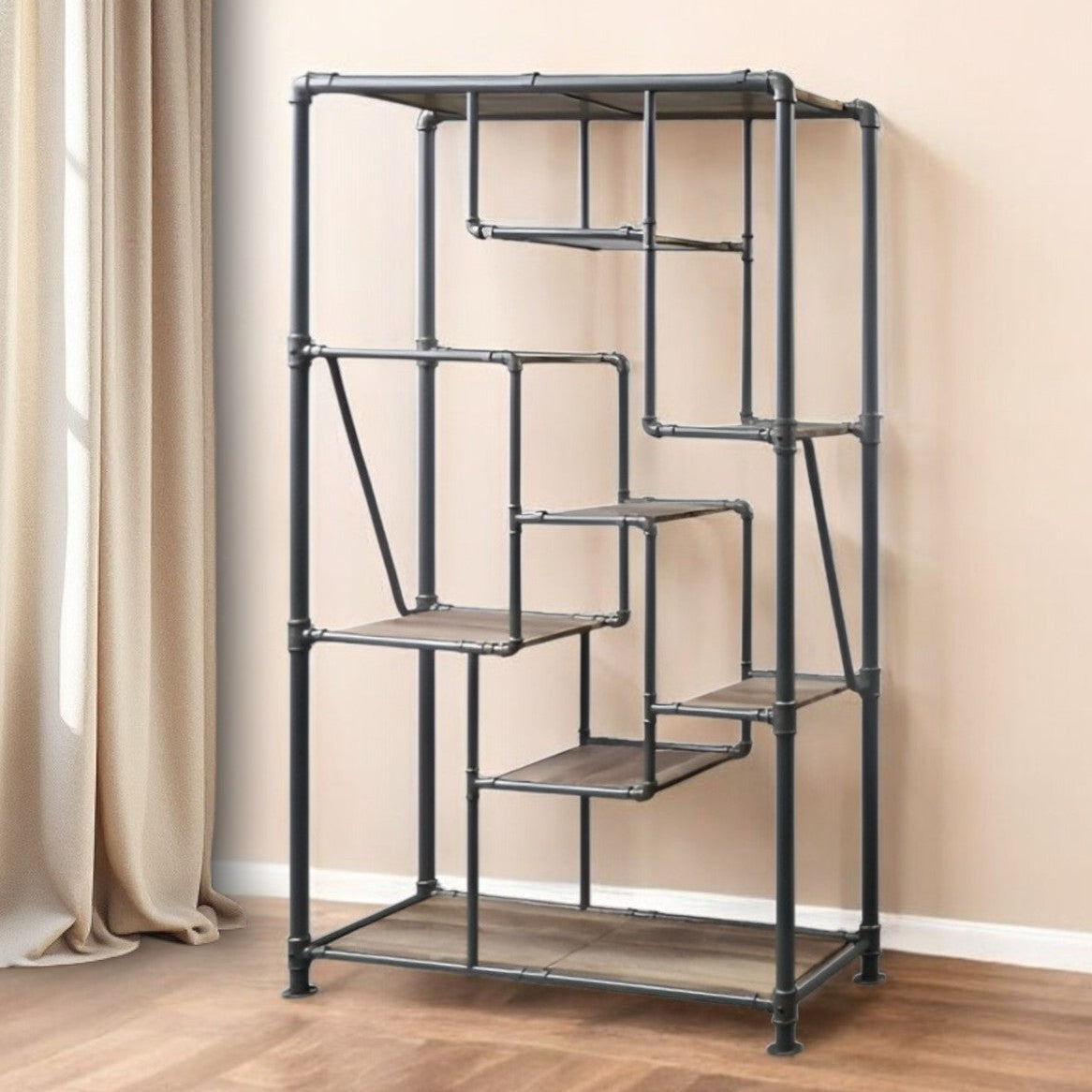 49" Gray Metal and Antique Wood Jigsaw Bookcase