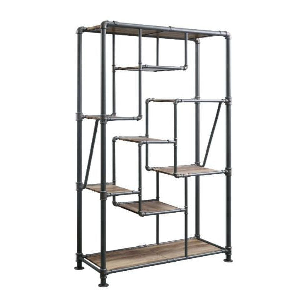 49" Gray Metal and Antique Wood Jigsaw Bookcase