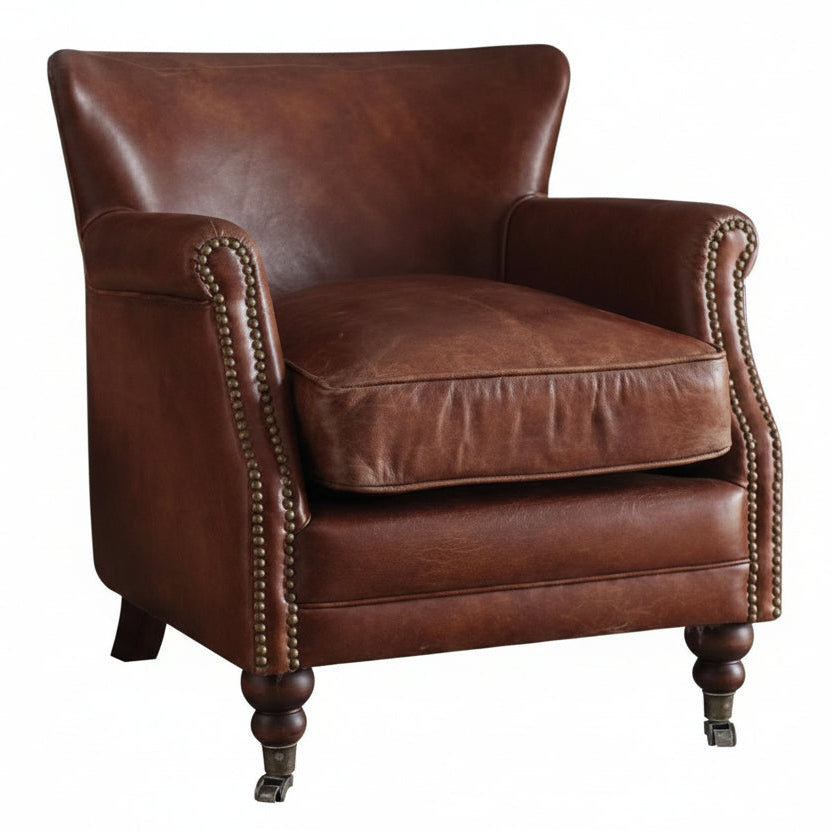 24" Brown Top Grain Leather Wingback Chair