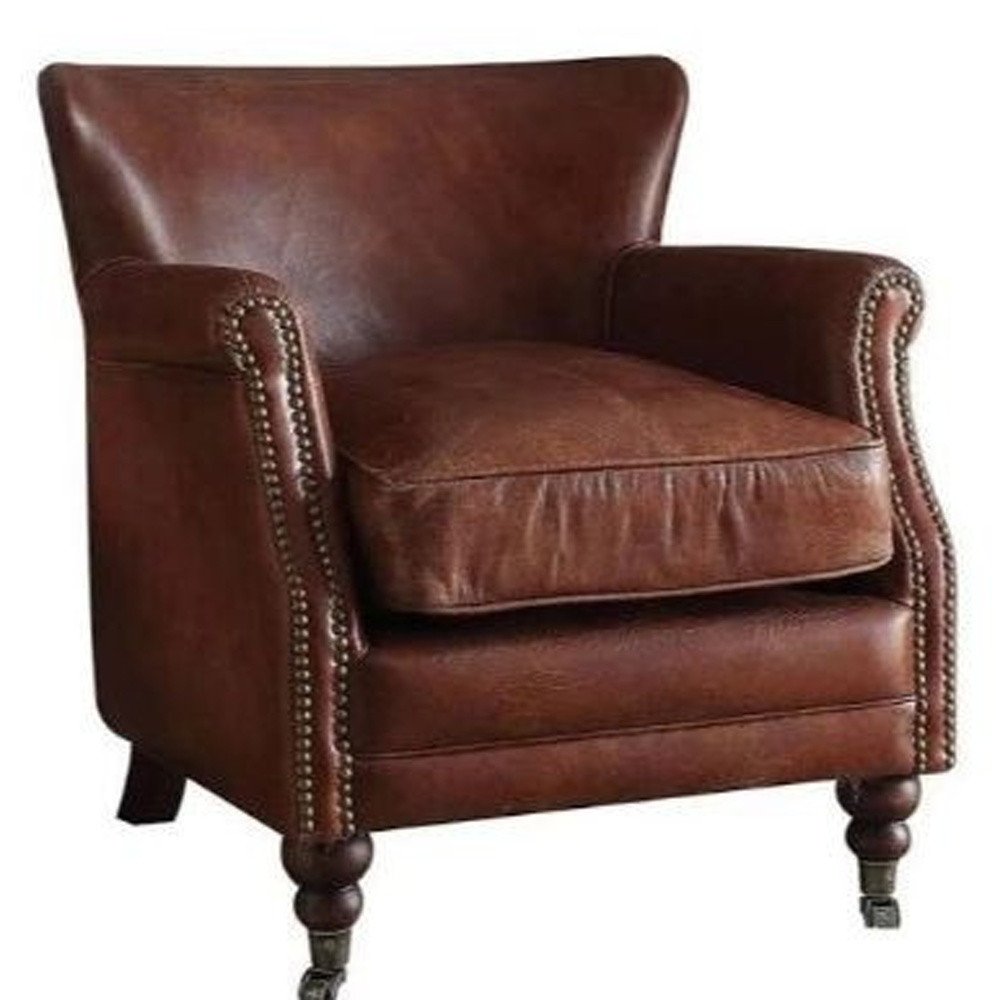 24" Brown Top Grain Leather Wingback Chair