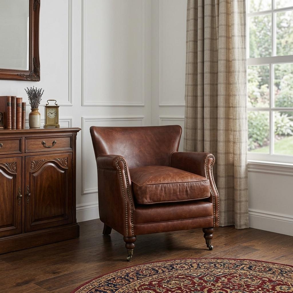 24" Brown Top Grain Leather Wingback Chair