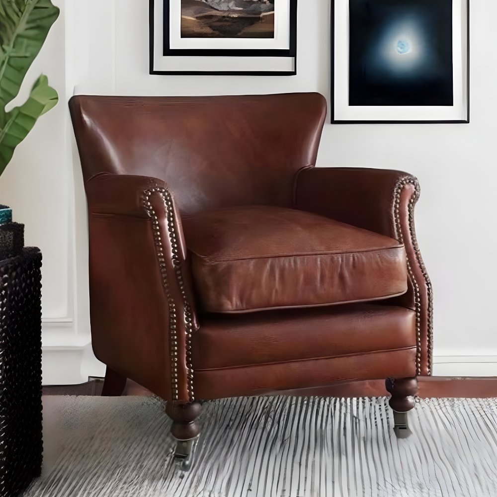 24" Brown Top Grain Leather Wingback Chair