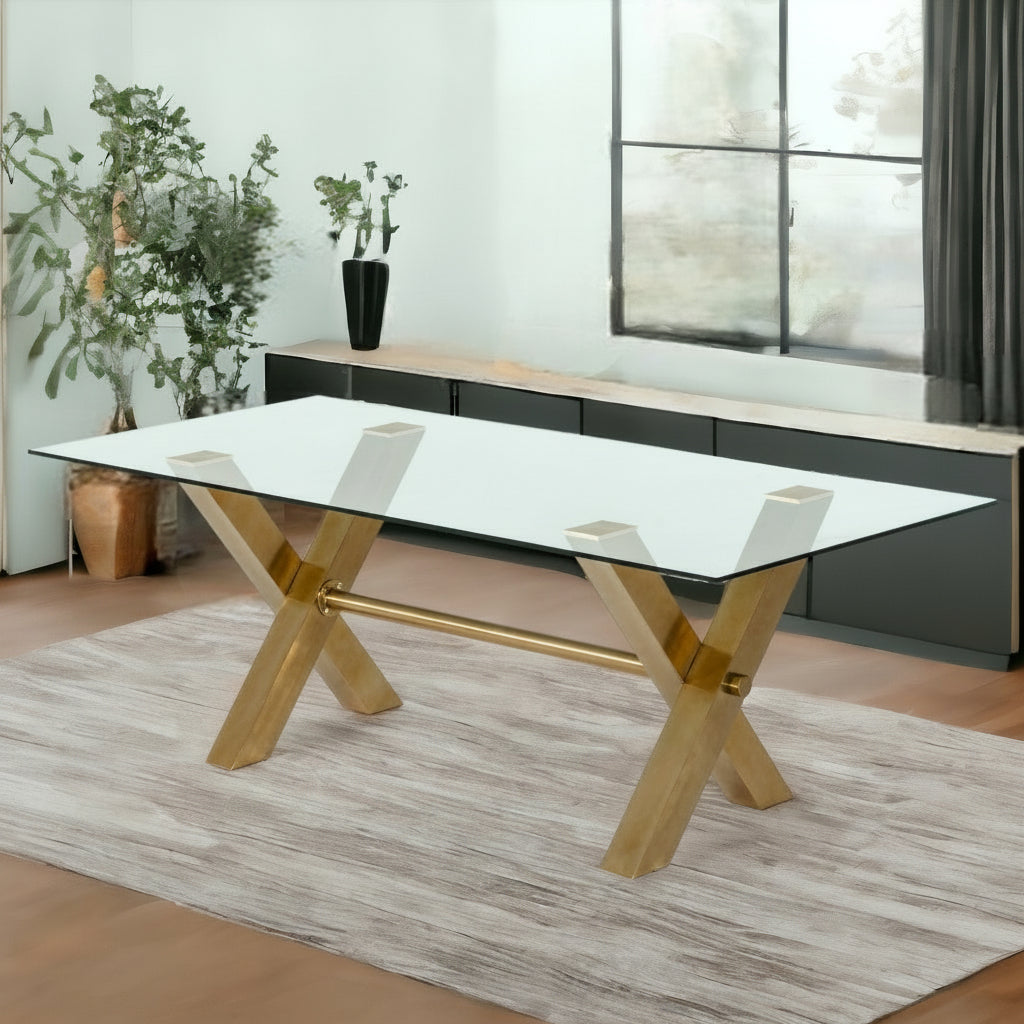 86" Gold Cross Base Steel Dining Table