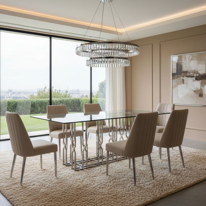 87" Chrome Glass And Stainless Steel Dining Table
