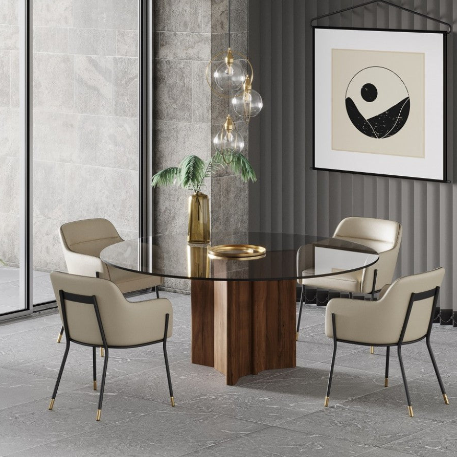 71" Brown Tri-Point Pedestal Table with Smoked Glass