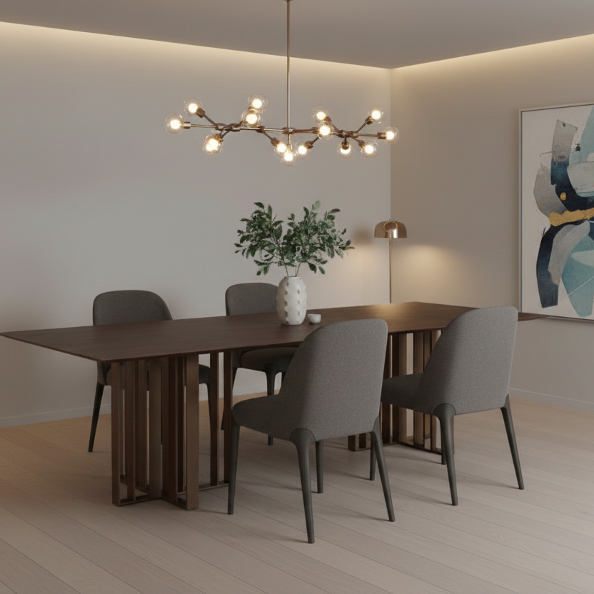 118" Walnut And Brass Double Pedestal Wood Dining Table