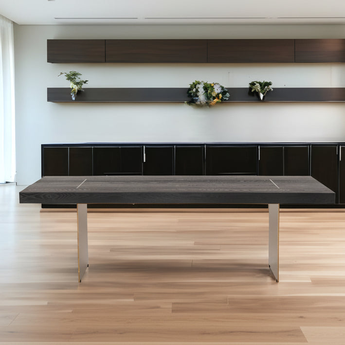 94" Dark Brown And Brass Wood And Metal Dining Table