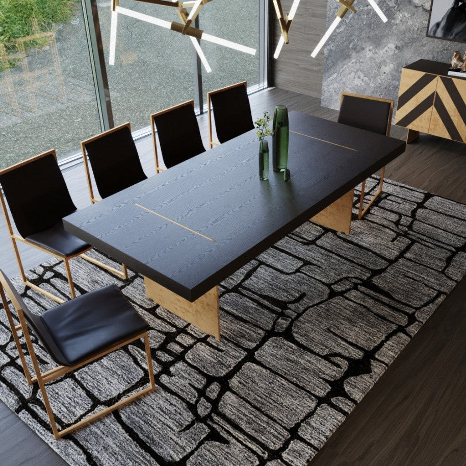 94" Dark Brown And Brass Wood And Metal Dining Table