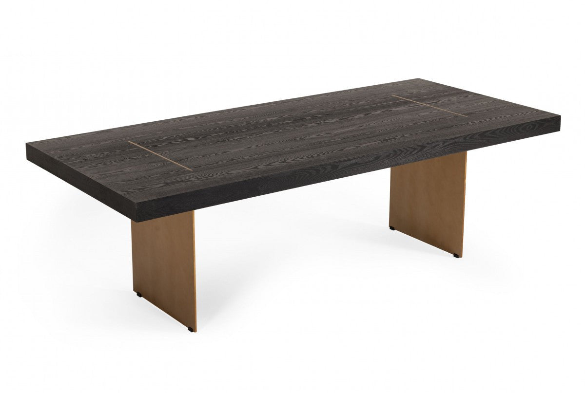 94" Dark Brown And Brass Wood And Metal Dining Table