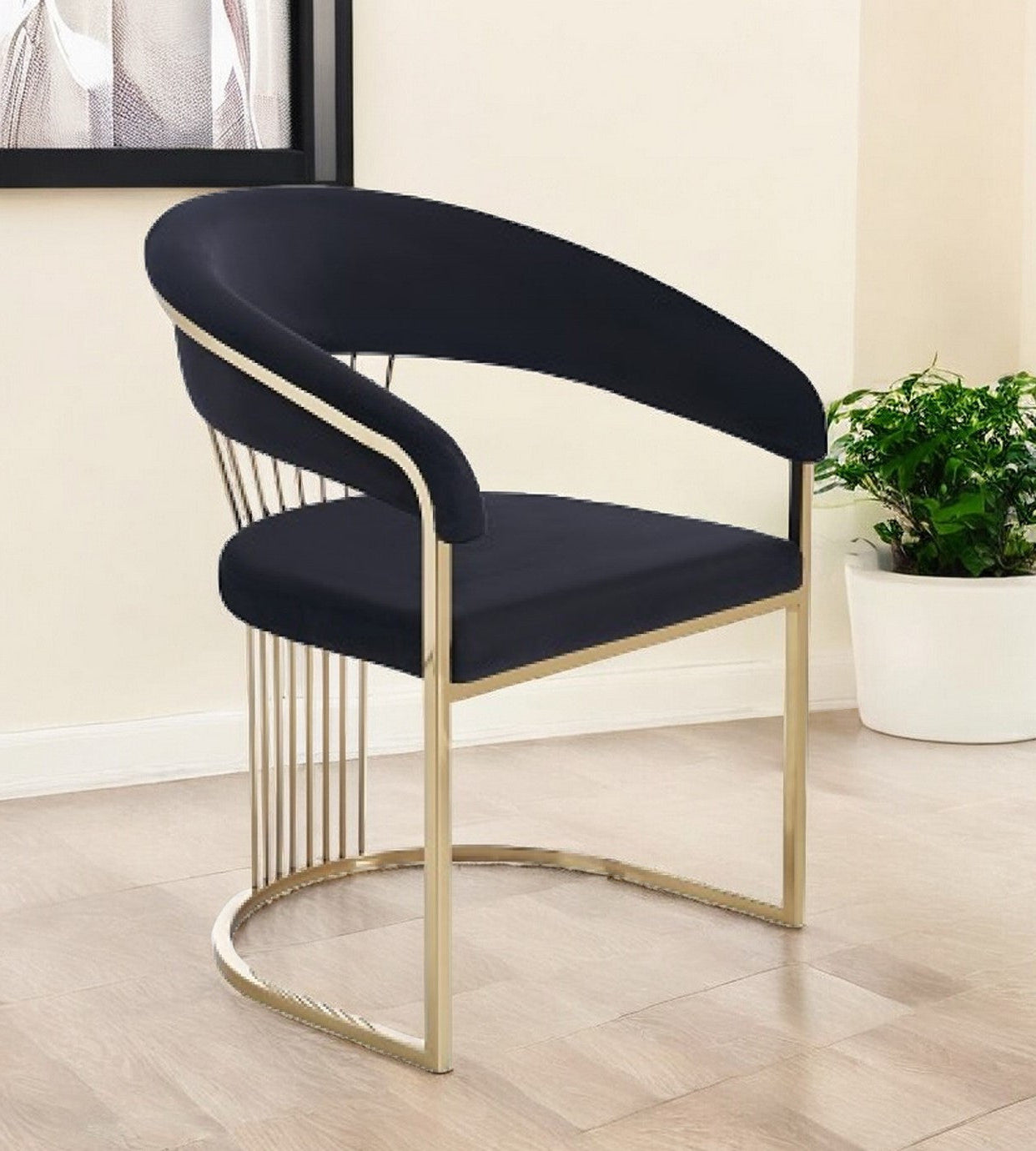 23" Black and Gold Velvet Barrel Dining Chair