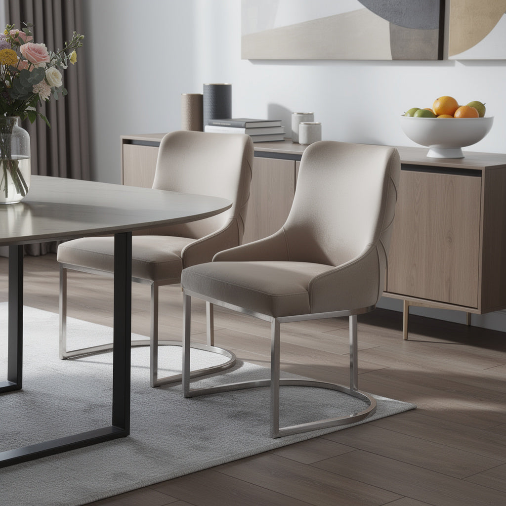23" Set of Two Beige and Silver Wingback Dining Chair