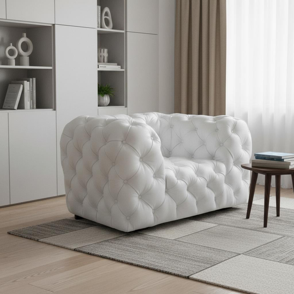 57" White Tufted Leather Modern Chesterfield Chair