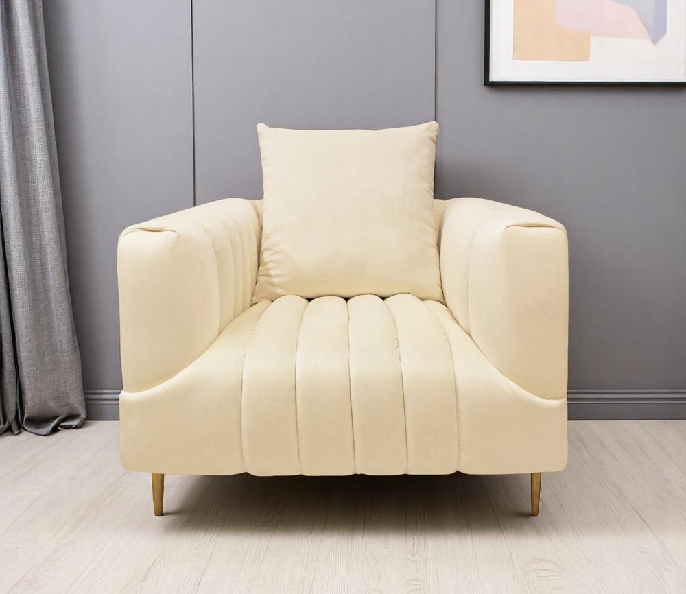 37" Ivory Velvet and Gold Tuxedo Club Chair