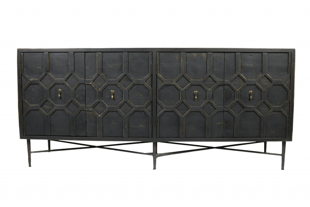 71" Black Geometric Carved Wood Sideboard