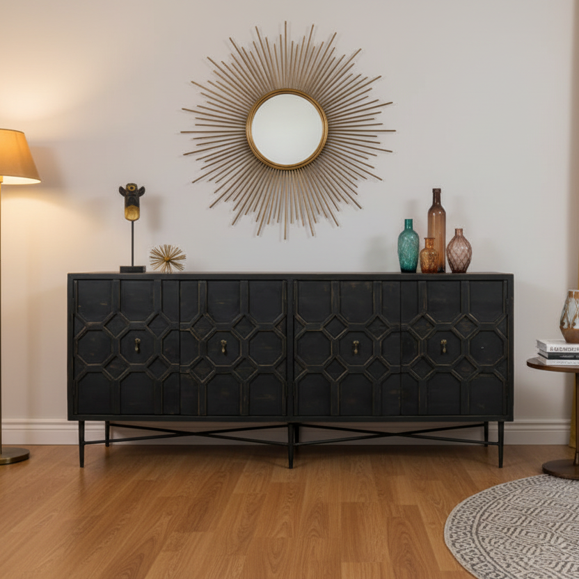 71" Black Geometric Carved Wood Sideboard