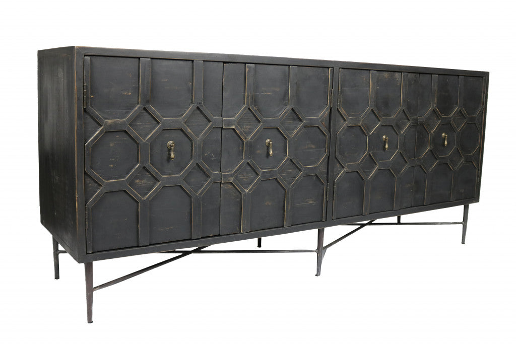 71" Black Geometric Carved Wood Sideboard