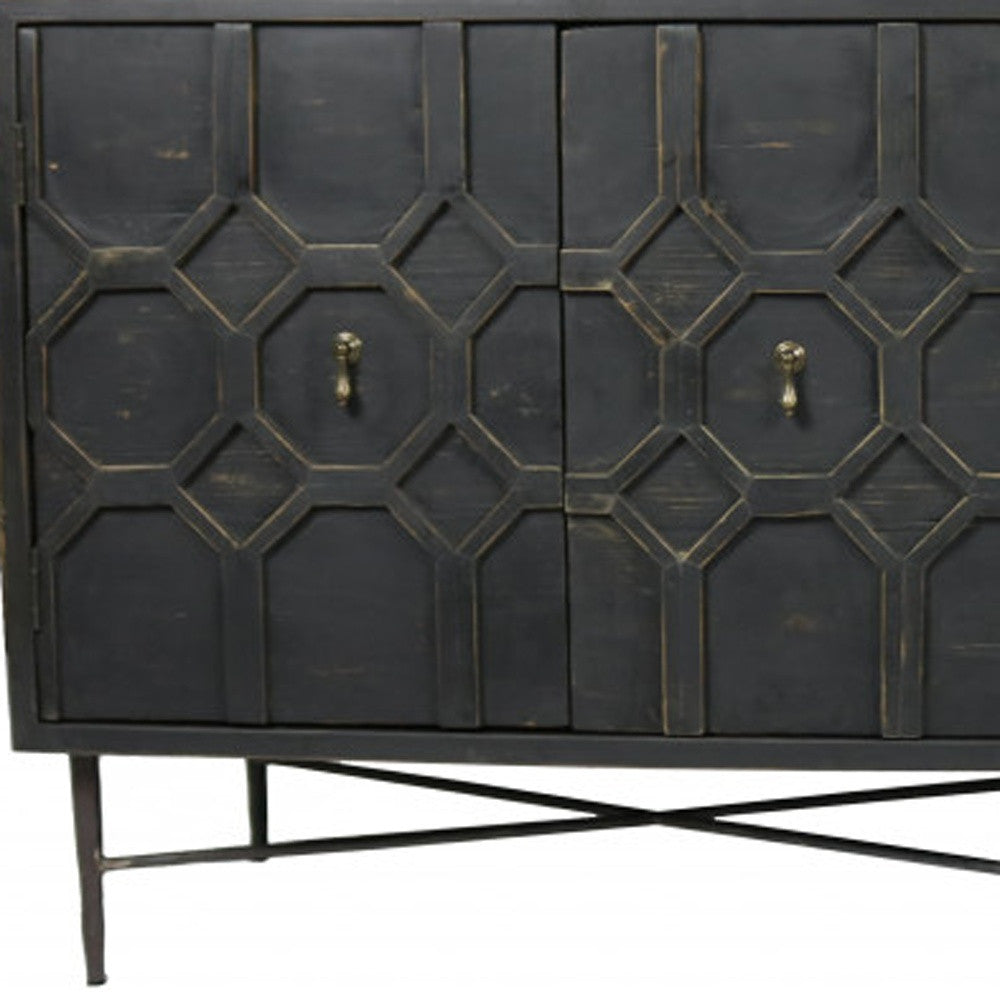 71" Black Geometric Carved Wood Sideboard