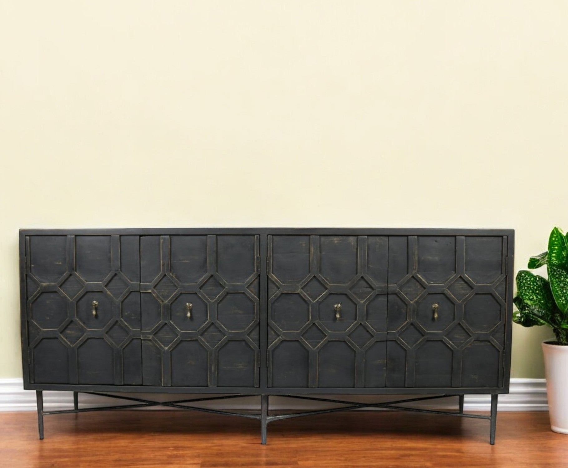 71" Black Geometric Carved Wood Sideboard
