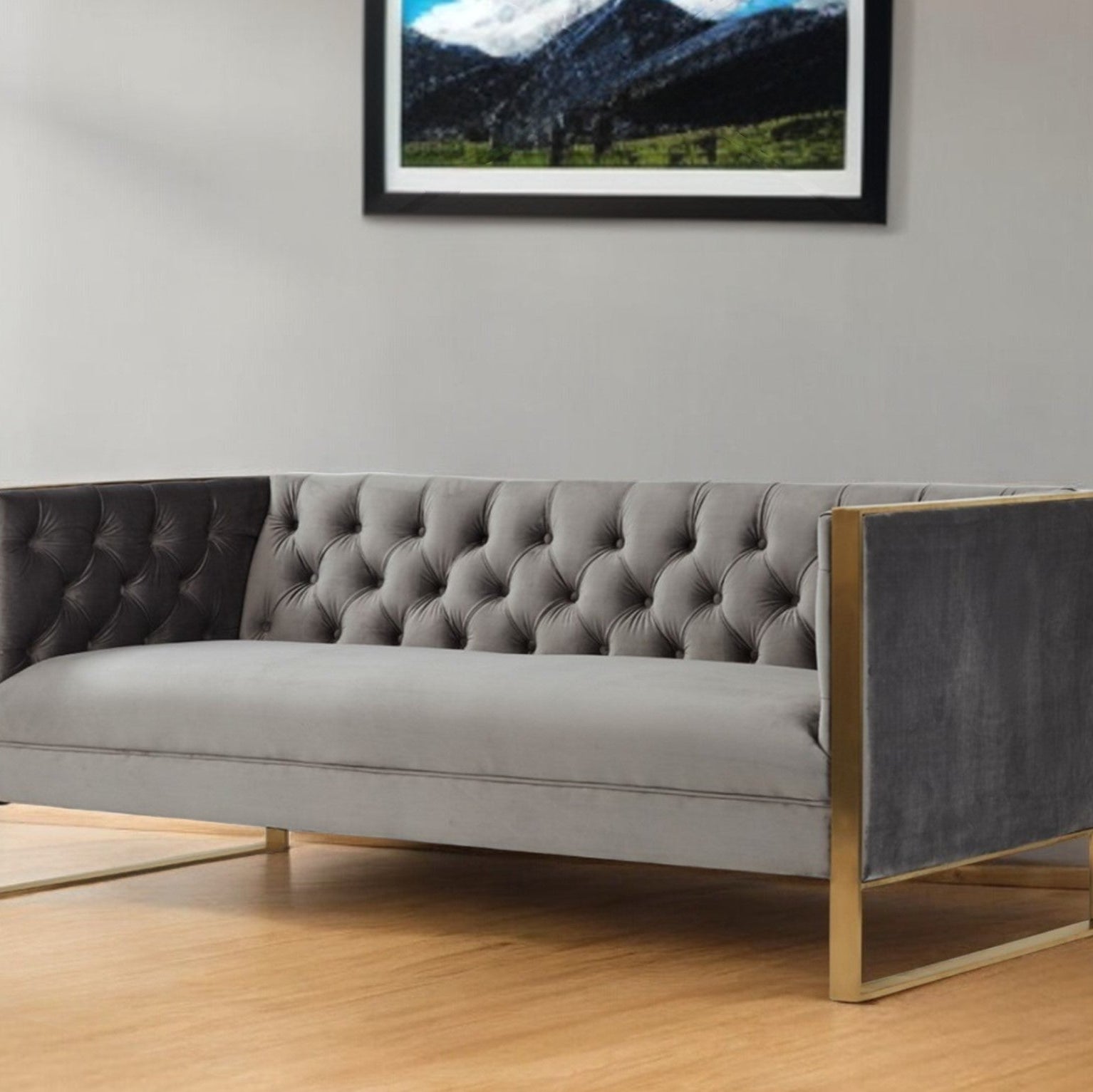 75" Gray and Gold Velvet Tuxedo Loveseat