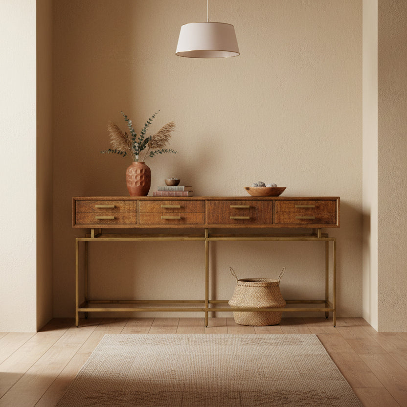 72" Brown and Brass Wood 4 Drawer Console Table
