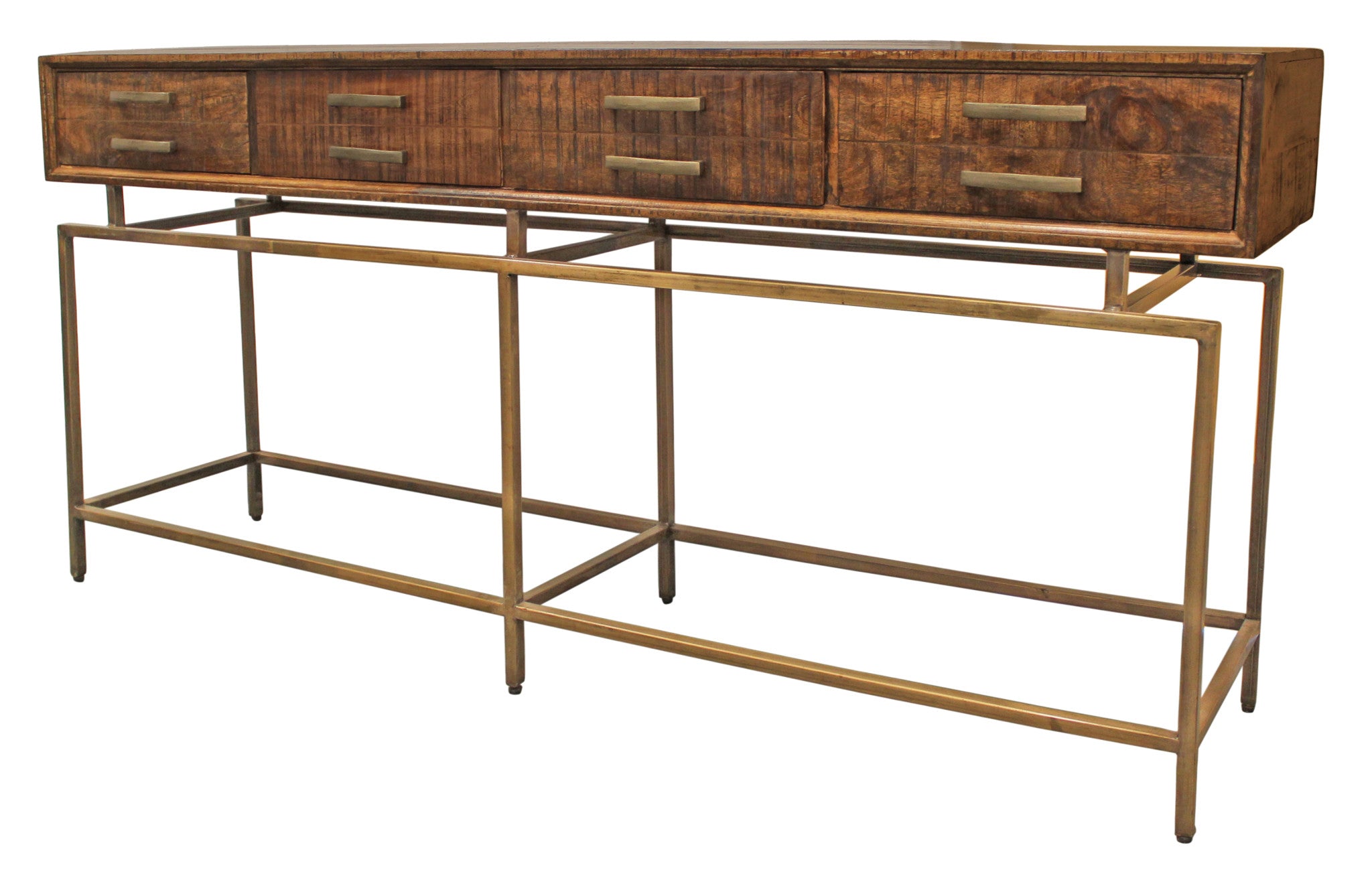 72" Brown and Brass Wood 4 Drawer Console Table