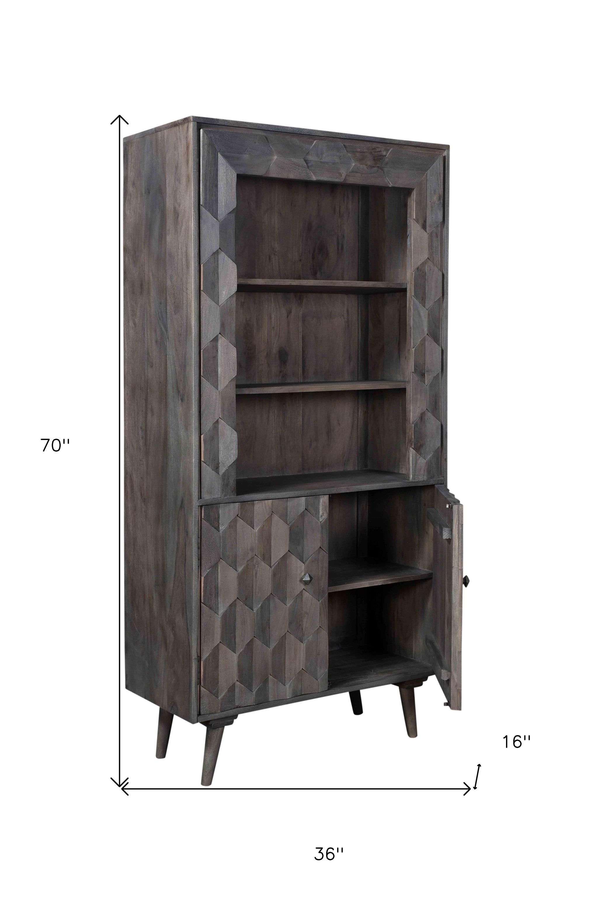 70" Gray Wood Bookcase with Cabinet