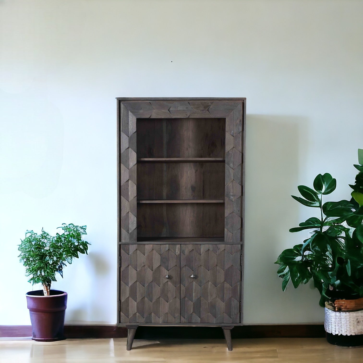 70" Gray Wood Bookcase with Cabinet