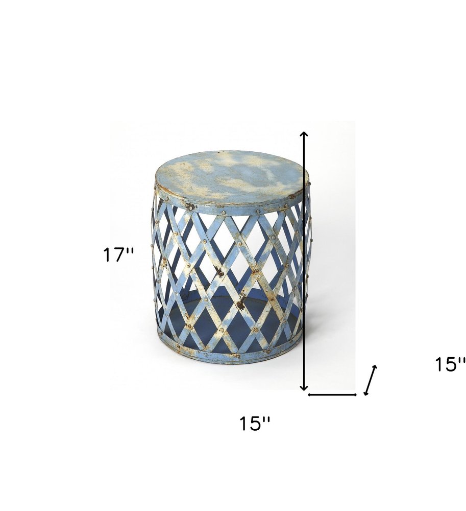 17" Rusted Blue Iron Lattice Round End Table